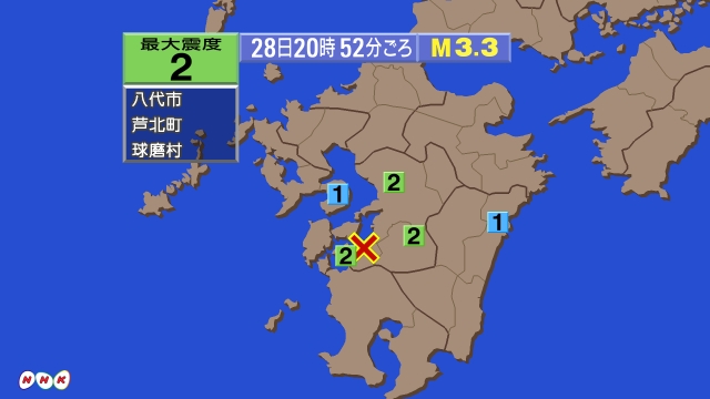 20時52分ごろ、Ｍ３．３　熊本県天草・葦北地方 北緯32.3度