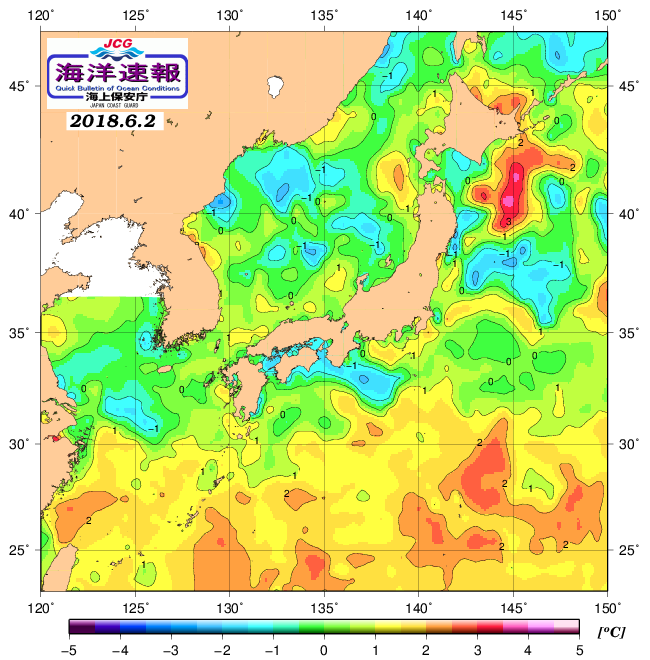 ６月２日の、海水表面温度（平年比） http://www1.ka