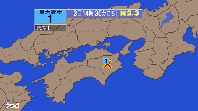 14時30分ごろ、Ｍ２．３　徳島県南部 北緯33.9度　東経13