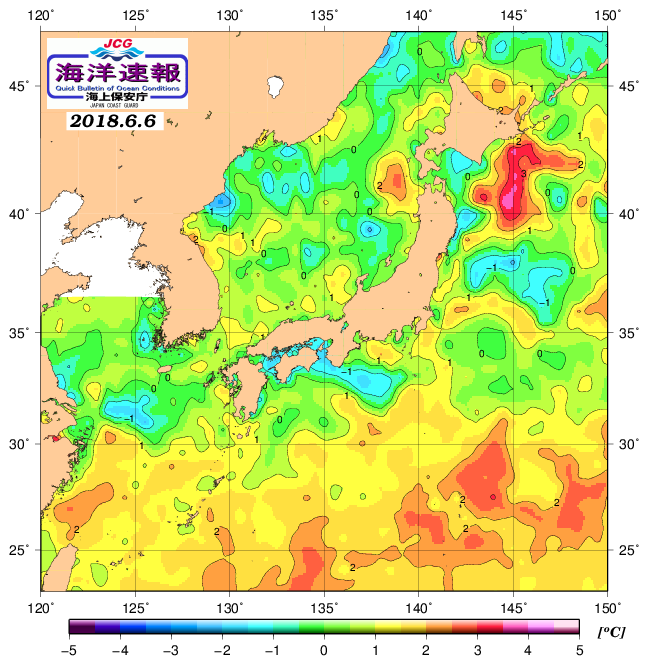 ６月６日の、海水表面温度（平年比）、 http://www1.k