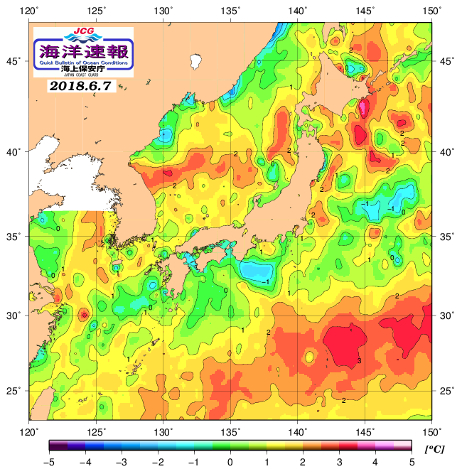 ６月７日の、海水表面温度（平年比）、 http://www1.k