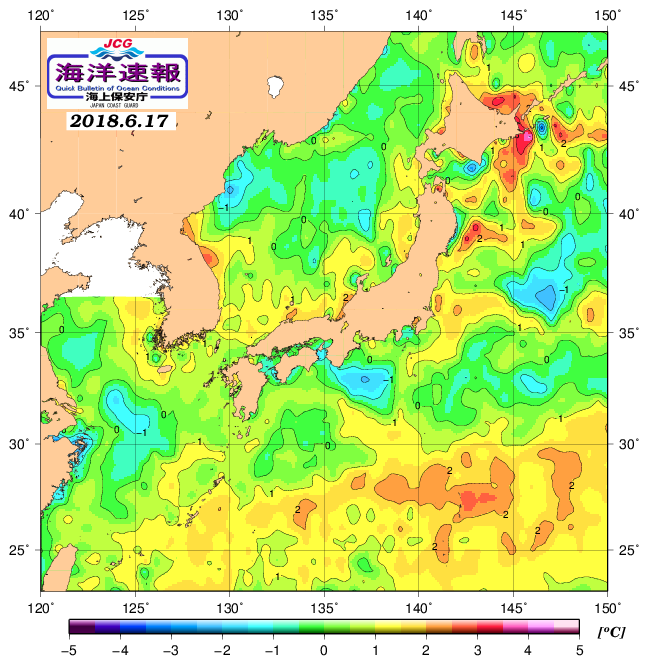 ６月１７日の、海水表面温度（平年比）、 http://www1.