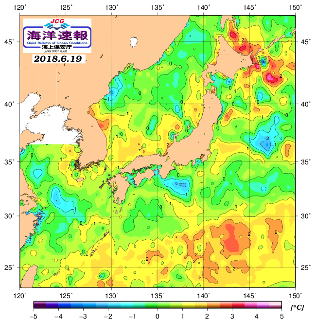 ６月１９日の、海水表面温度（平年比）、 http://www1.