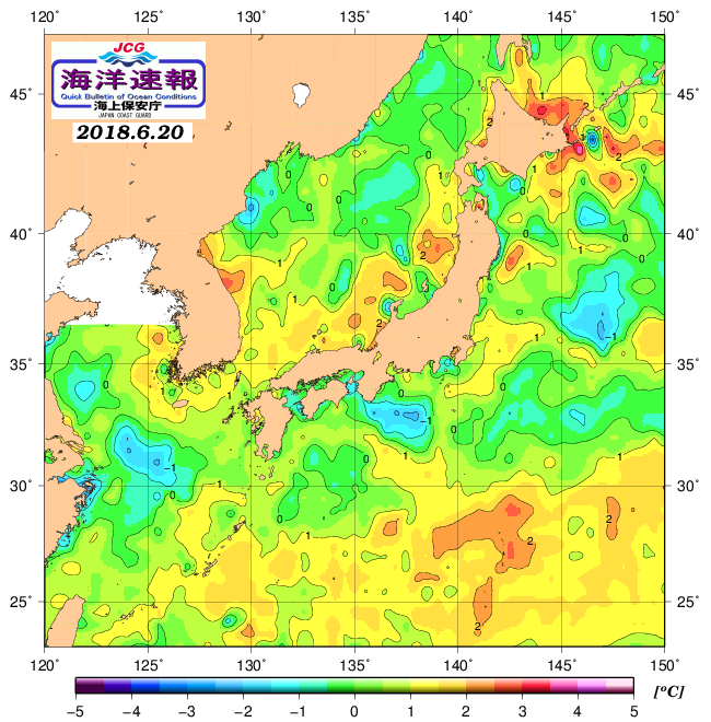 ６月２０日の、海水表面温度（平年比）、 http://www1.