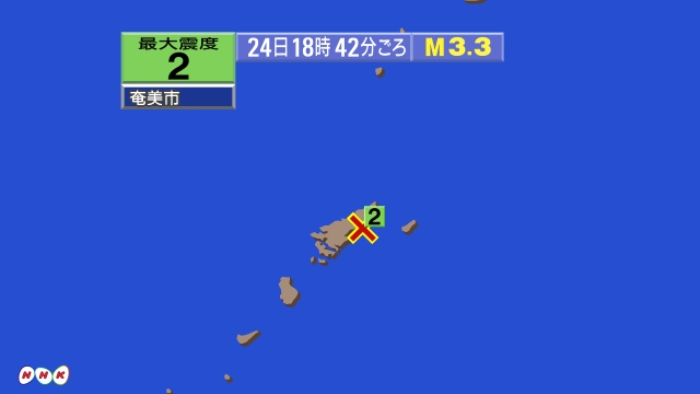 18時42分ごろ、Ｍ３．３　奄美大島近海 北緯28.3度　東経1