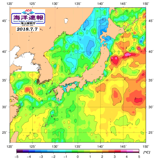 ７月７日の、海水表面温度（平年比）、 http://www1.k