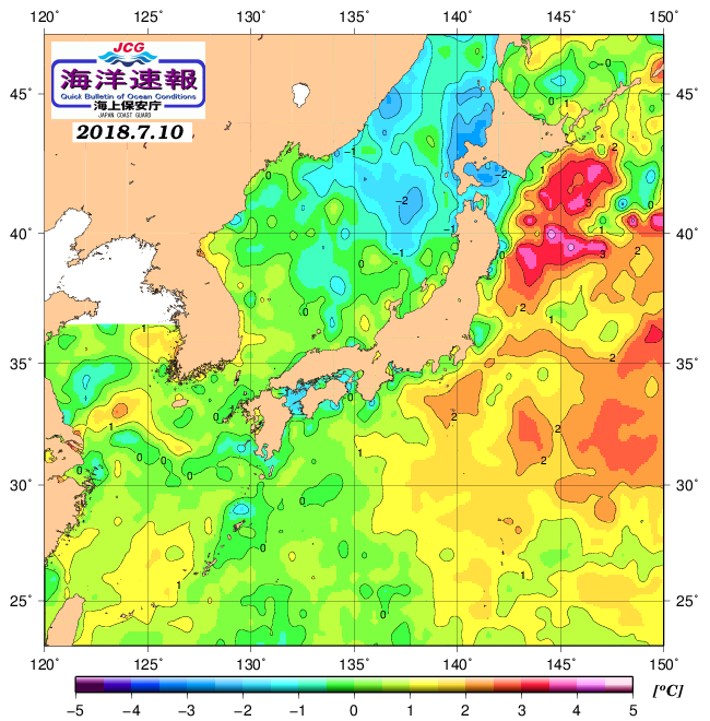 ７月１０日の、海水表面温度（平年比）、 http://www1.