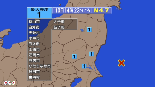 14時23分ごろ、Ｍ４．７　茨城県沖 北緯36.2度　東経141