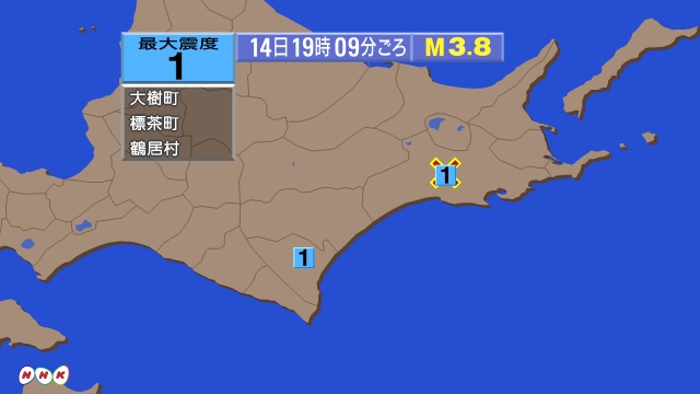 19時9分ごろ、Ｍ３．８　北海道釧路地方中南部 北緯43.2度　