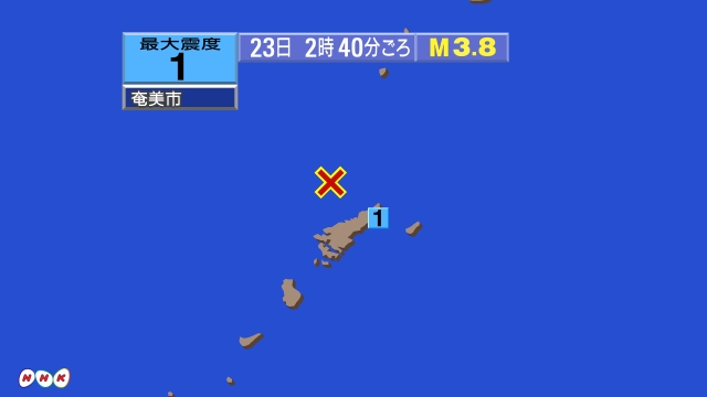 2時40分ごろ、Ｍ３．８　奄美大島近海 北緯38.7度　東経12