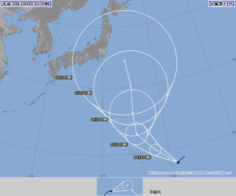 ９時、日本の南東沖南鳥島の近海で台風１３号が発生。 https: