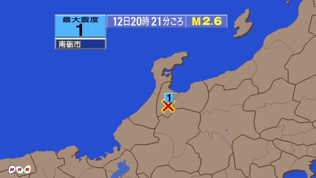 20時21分ごろ、Ｍ２．６　富山県西部 北緯36.5度　東経13