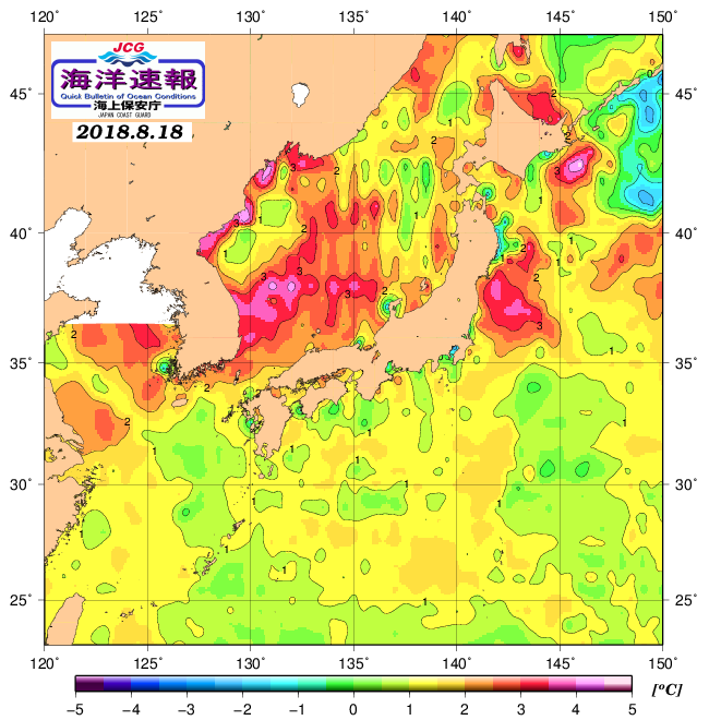 ８月１８日の、海水表面温度（平年比）、 http://www1.