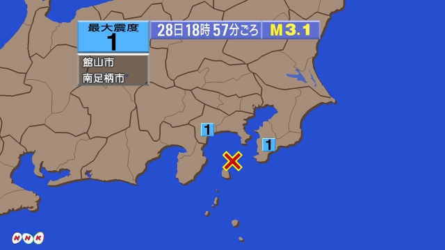 18時57分ごろ、Ｍ３．１　伊豆大島近海 北緯34.9度　東経1