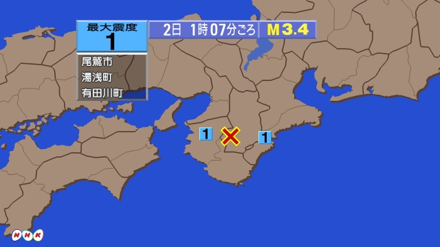 1時7分ごろ、Ｍ３．４　奈良県 北緯34.1度　東経135.7度