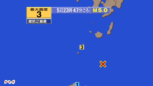 23時39分ごろ、Ｍ４．４　奄美大島北東沖 北緯29.2度　東経