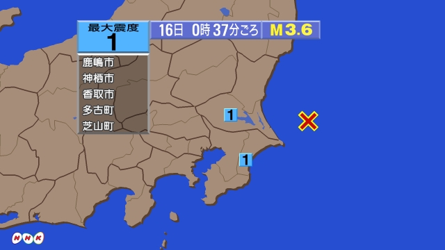 0時37分ごろ、Ｍ３．６　茨城県沖 北緯36.0度　東経141.