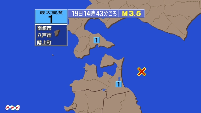 14時43分ごろ、Ｍ３．５　青森県東方沖 北緯41.0度　東経1