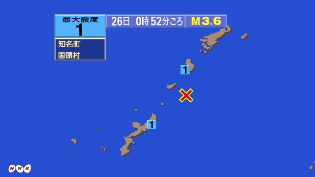 0時52分ごろ、Ｍ３．６　沖縄本島近海 北緯27.2度　東経12