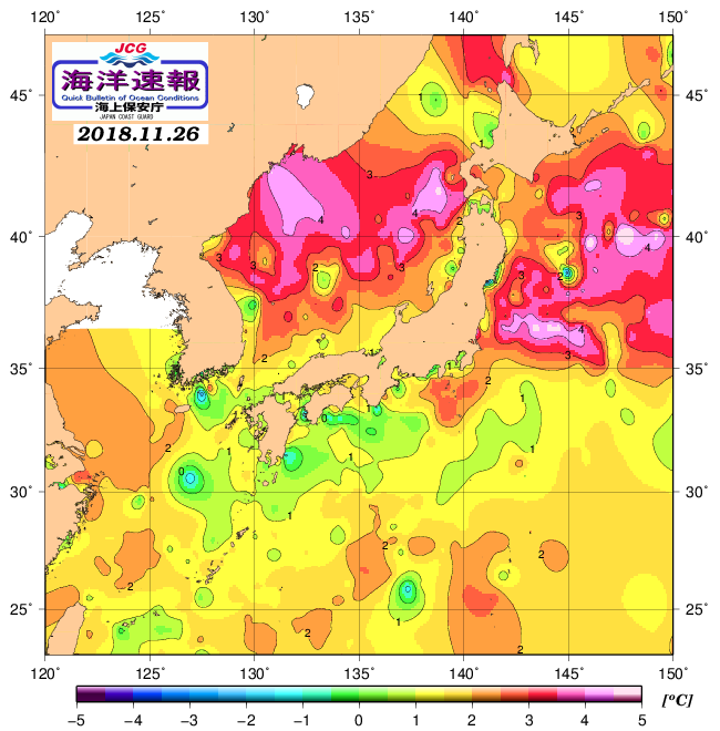 １１月２６日の、海水表面温度（平年比）、 http://www1