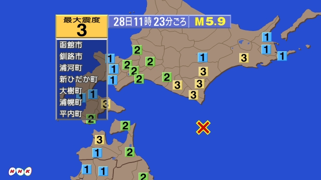 11時23分ごろ、Ｍ５．９　青森県東方沖 北緯41.3度　東経1