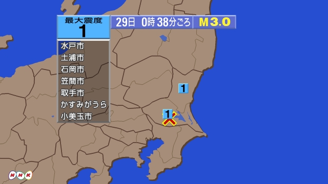 0時40分ごろ、Ｍ３．０　茨城県南部 北緯36.0度　東経140