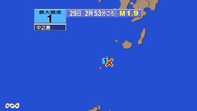 2時53分ごろ、Ｍ１．９　トカラ列島近海 北緯29.8度　東経1