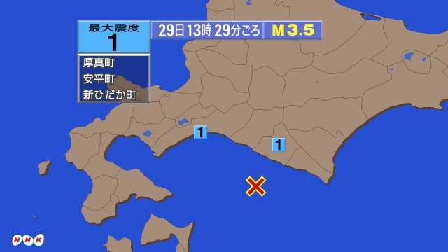 13時29分ごろ、Ｍ３．５　浦河沖 北緯41.9度　東経142.
