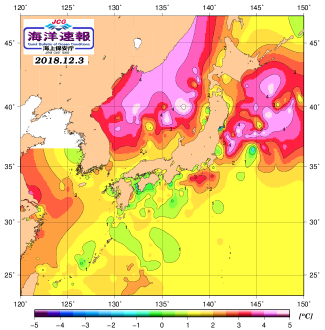 １２月３日の、海水表面温度（平年比）、 http://www1.