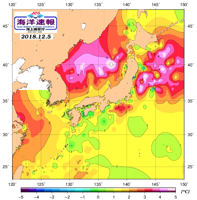 １２月５日の、海水表面温度（平年比）、 http://www1.
