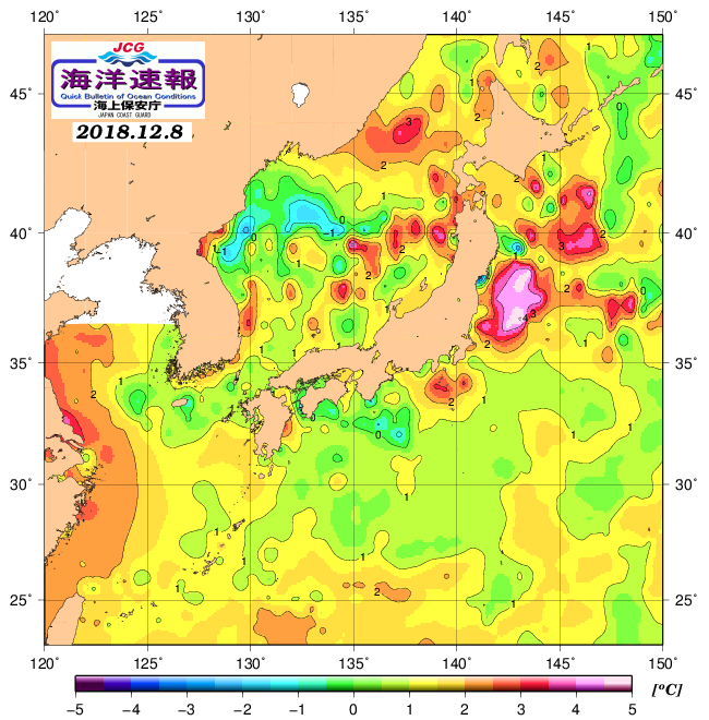 １２月８日の、海水表面温度（平年比）、 http://www1.