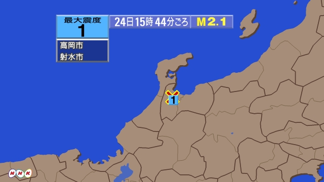 15時44分ごろ、Ｍ２．１　富山県西部 北緯36.7度　東経13