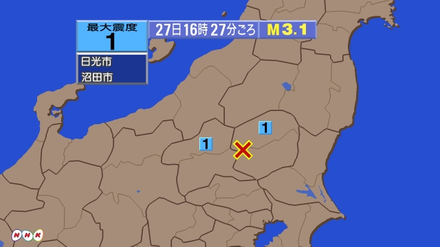16時27分ごろ、Ｍ３．１　栃木県南部 北緯36.6度　東経13