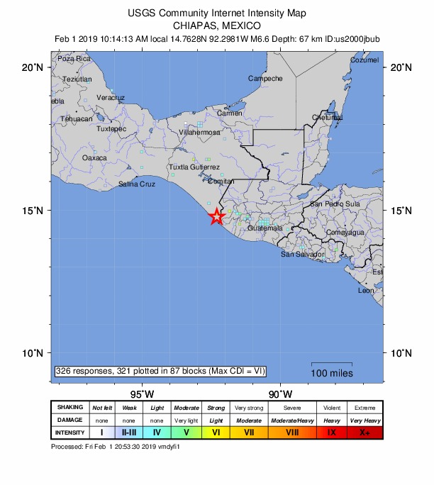 ＵＳＧＳ、1時14分13秒　Ｍ６．６　メキシコ・チアパス沿岸付近