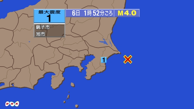 1時52分ごろ、Ｍ４．０　千葉県東方沖 北緯35.5度　東経14
