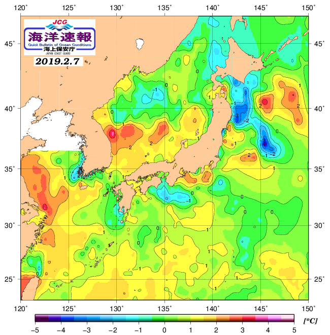 ２月７日の、海水表面温度（平年比）、 http://www1.k
