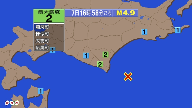 16時58分ごろ、Ｍ４．９　十勝沖 北緯41.8度　東経143.