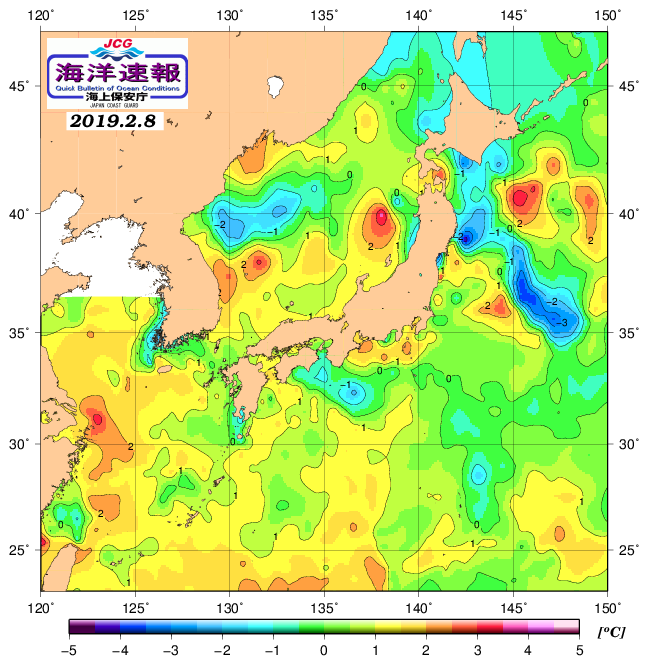 ２月８日の、海水表面温度（平年比） http://www1.ka