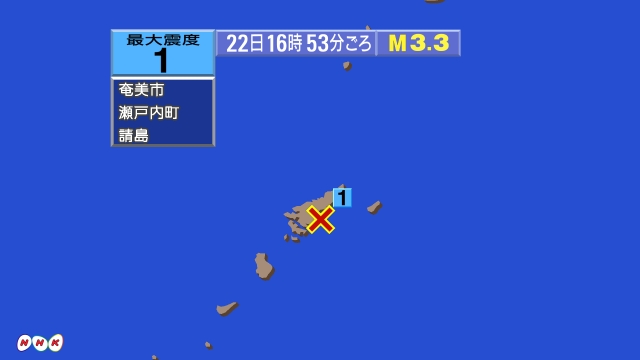 16時53分ごろ、Ｍ３．３　奄美大島近海 北緯28.2度　東経1