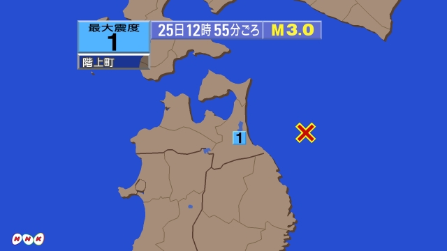 12時55分ごろ、Ｍ３．０　青森県東方沖 北緯40.7度　東経1