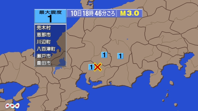 18時46分ごろ、Ｍ３．０　愛知県西部 北緯35.2度　東経13