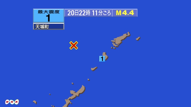 22時11分ごろ、Ｍ４．４　奄美大島近海 北緯28.1度　東経1