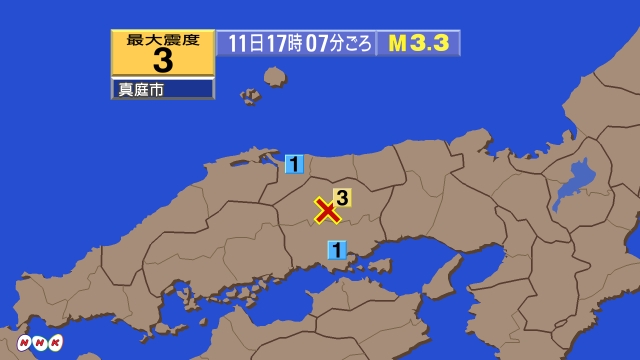 17時7分ごろ、Ｍ３．３　岡山県北部 北緯35.0度　東経133