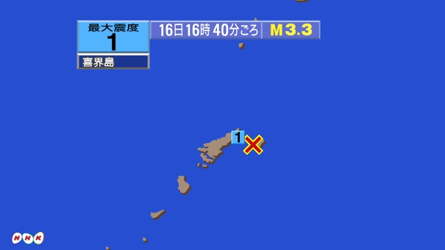16時40分ごろ、Ｍ３．３　奄美大島近海 北緯28.3度　東経1