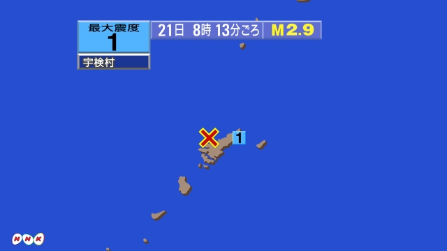 8時13分ごろ、Ｍ２．９　奄美大島近海 北緯28.4度　東経12