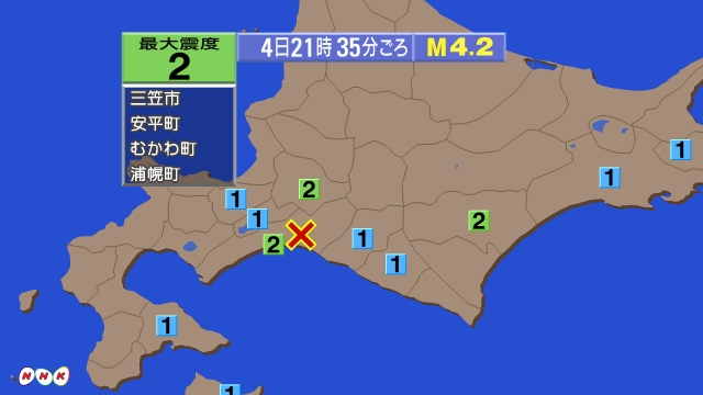 21時35分ごろ、Ｍ４．２　北海道胆振地方中東部 北緯42.7度