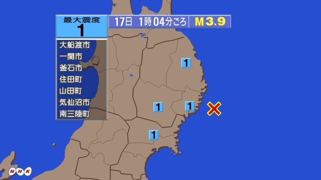 1時4分ごろ、Ｍ３．９　岩手県沖 北緯39.1度　東経142.2