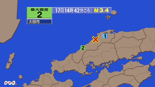 14時42分ごろ、Ｍ３．４　島根県西部 北緯35.2度　東経13