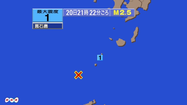 21時22分ごろ、Ｍ２．５　トカラ列島近海 北緯29.3度　東経
