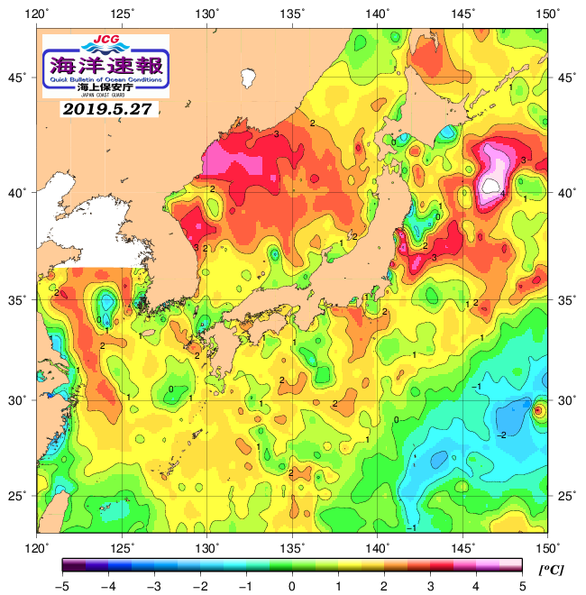 ５月２７日の、海水表面温度（平年比）、 https://www1